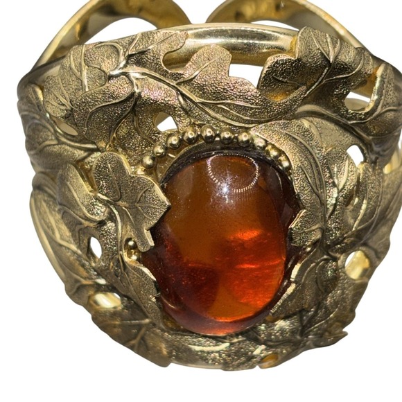 Vintage Whiting & Davis Amber Glass Leaf Cuff Bracelet Earrings Set Signed Gold - Picture 3 of 11